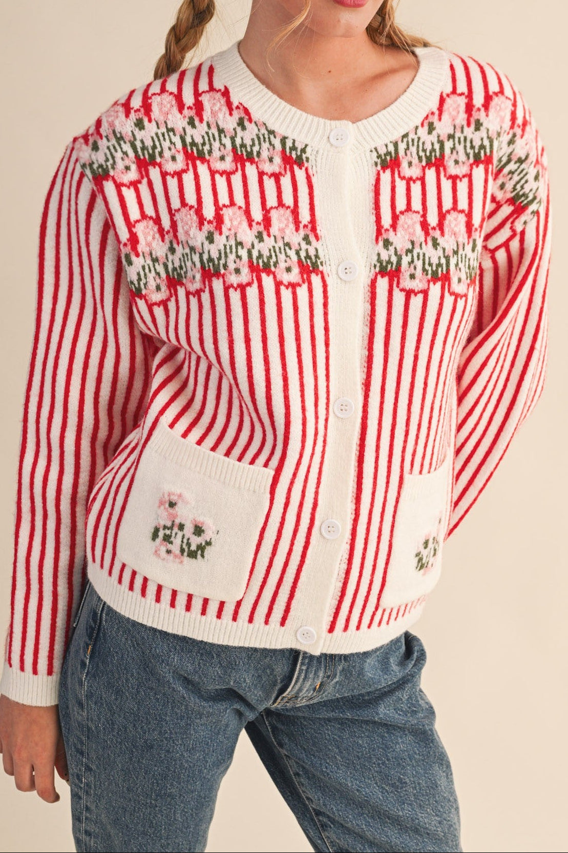 Candy Cane Cardigan - Ivory/Red