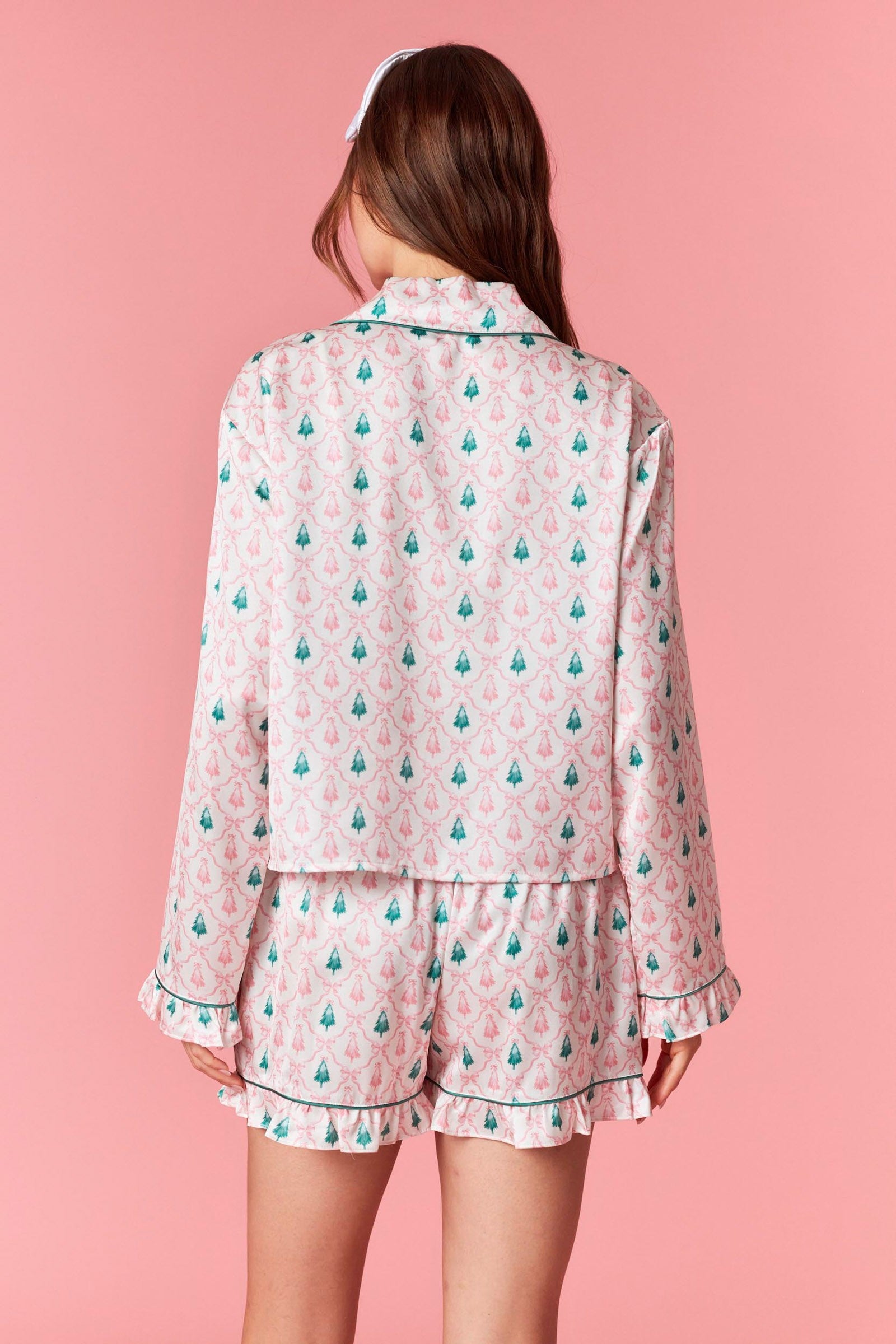 Christmas Tree Bow Pajama Set - Pink