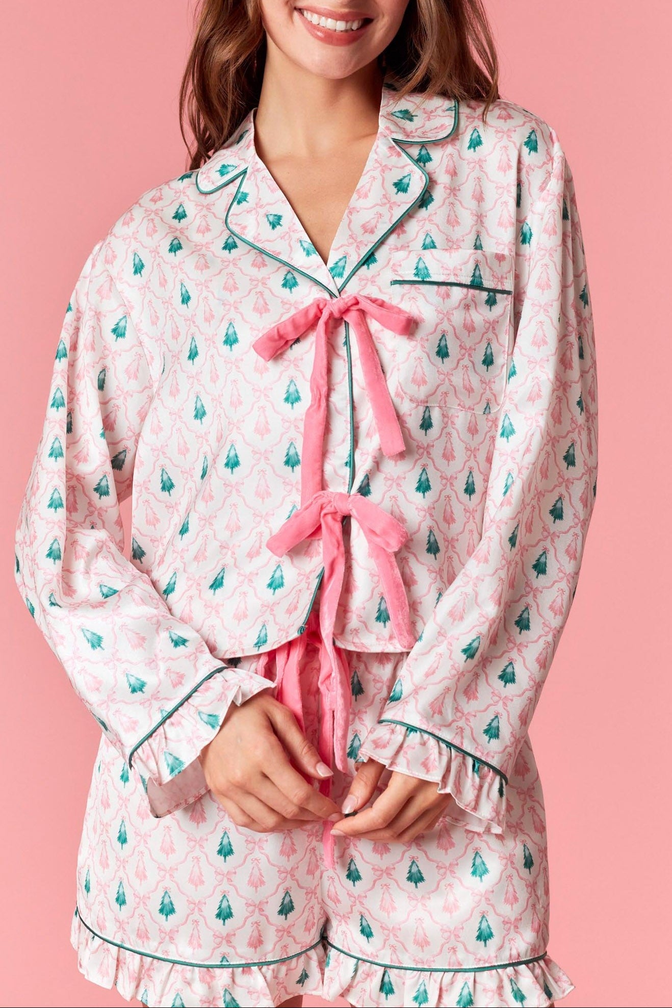 Christmas Tree Bow Pajama Set - Pink