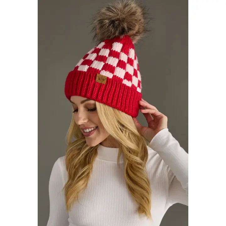 Checkered Pom Hat - Red/Pink