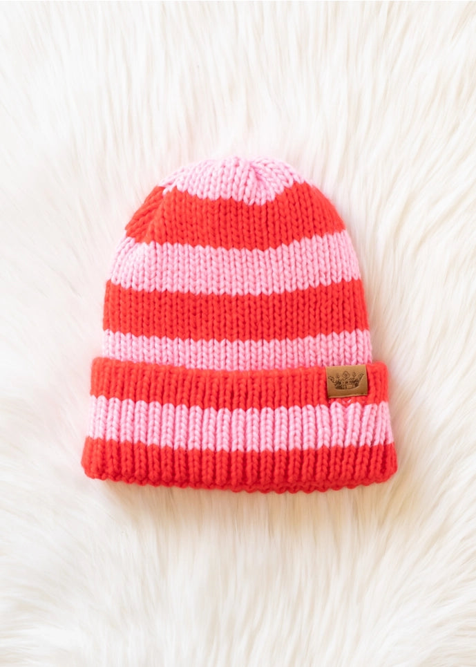 Striped Knit Beanie - Red/Blush