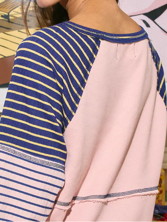 Striped Contrast Raglan Top - Pink/Navy