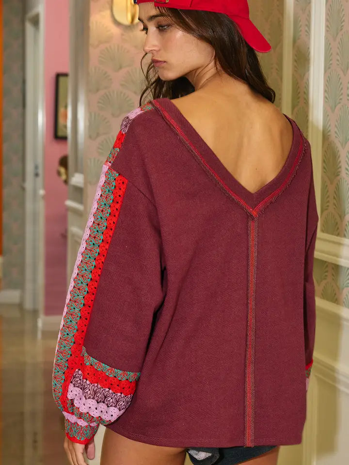 Crochet Lace Contrast V-Neck Terry Top