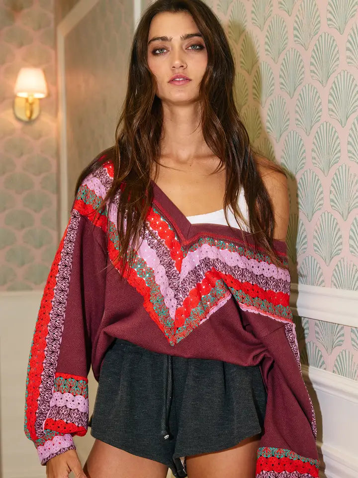 Crochet Lace Contrast V-Neck Terry Top