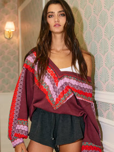 Crochet Lace Contrast V-Neck Terry Top