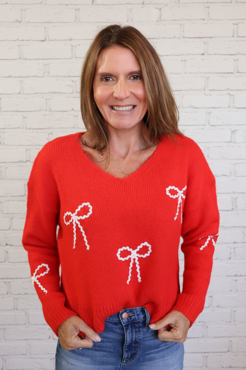 Bow Drop Sweater - Red/White