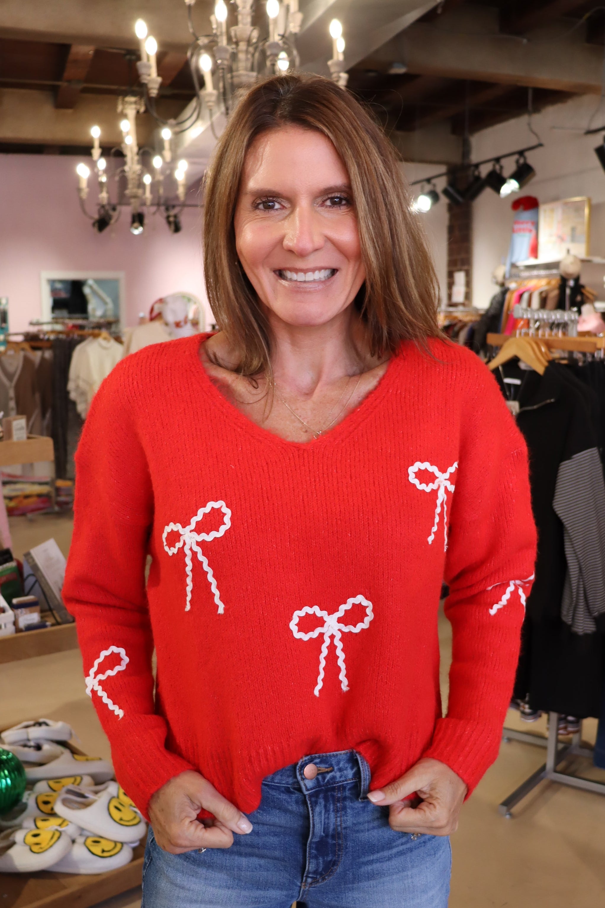 Bow Drop Sweater - Red/White