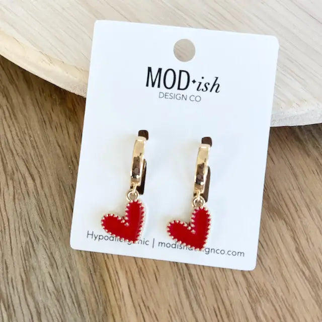 Heart Huggies Earrings - Red & Gold