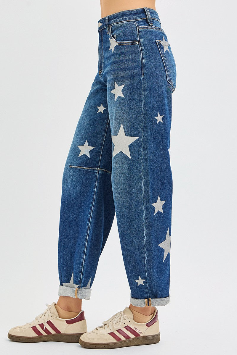Risen Barrel Leg Star Jeans