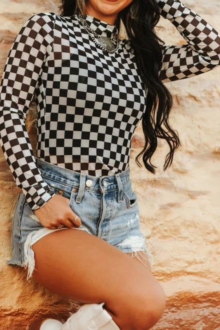 Checkered Mock Top - Black/White